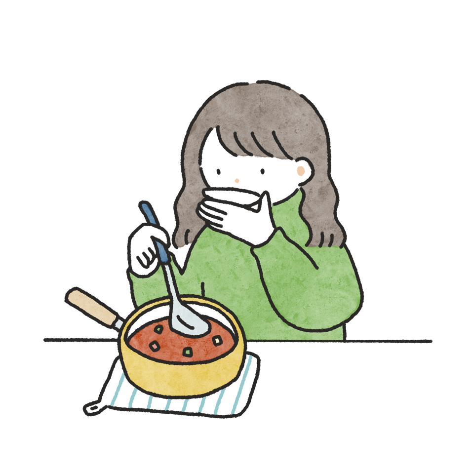 片手鍋で作ったミネストローネを小皿に入れて味見する女性の手描きタッチフリーイラスト素材