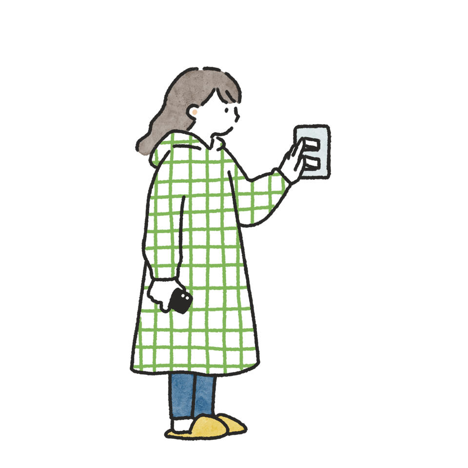 壁についている電気のスイッチを押そうとしている女性の手描きタッチフリーイラスト素材