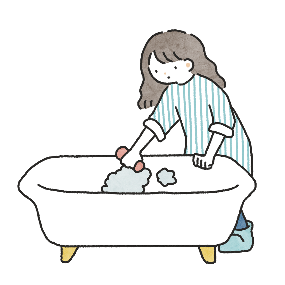 スポンジを持ってバスタブを洗っている女性の手描きタッチフリーイラスト素材