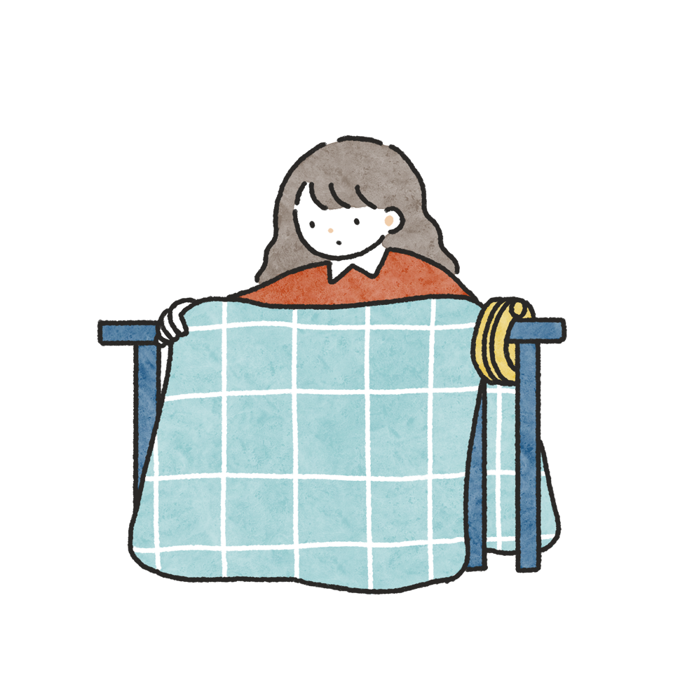 ベランダで掛け布団を柵に干している女性の手描きタッチフリーイラスト素材