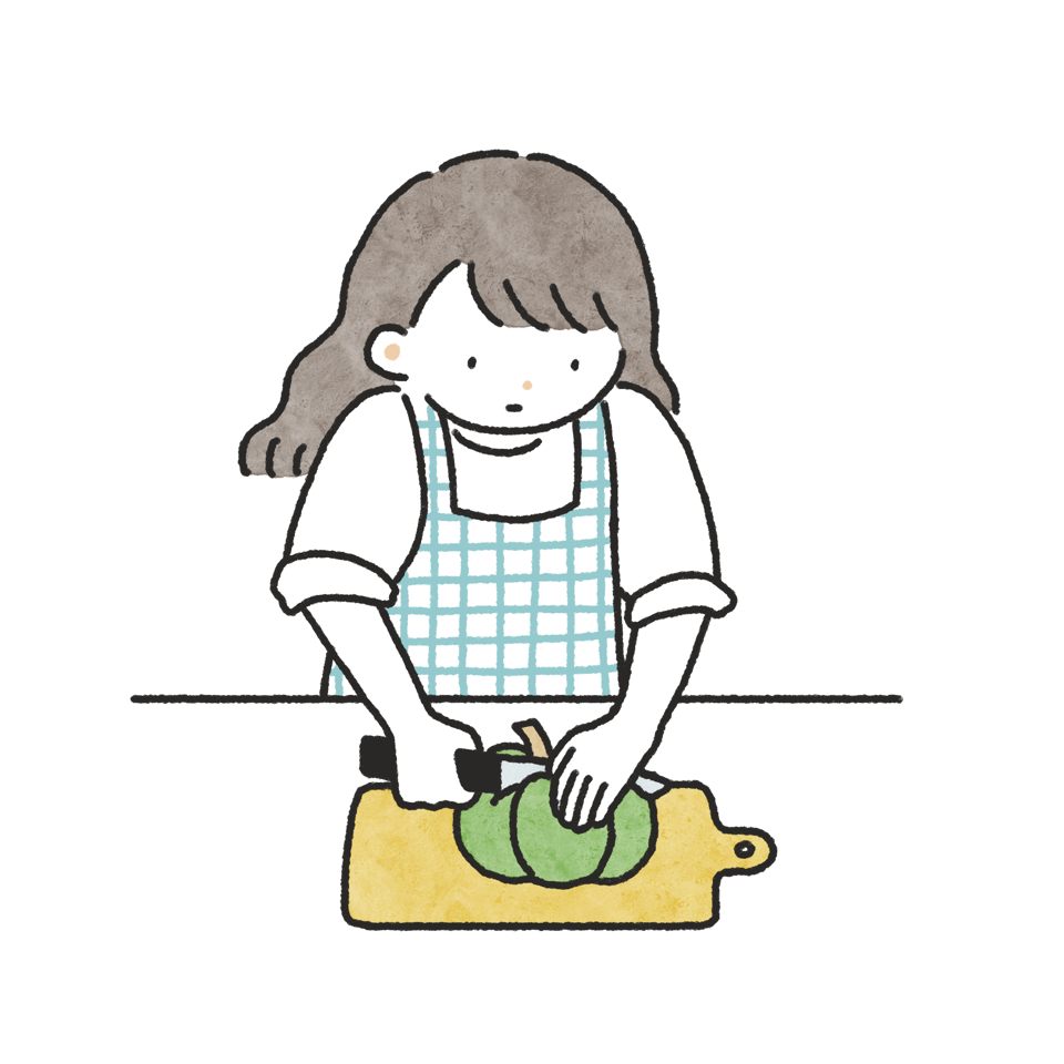 まな板の上でカボチャを丸ごと包丁で切ろうとしているエプロンをした女性の手描きタッチフリーイラスト素材