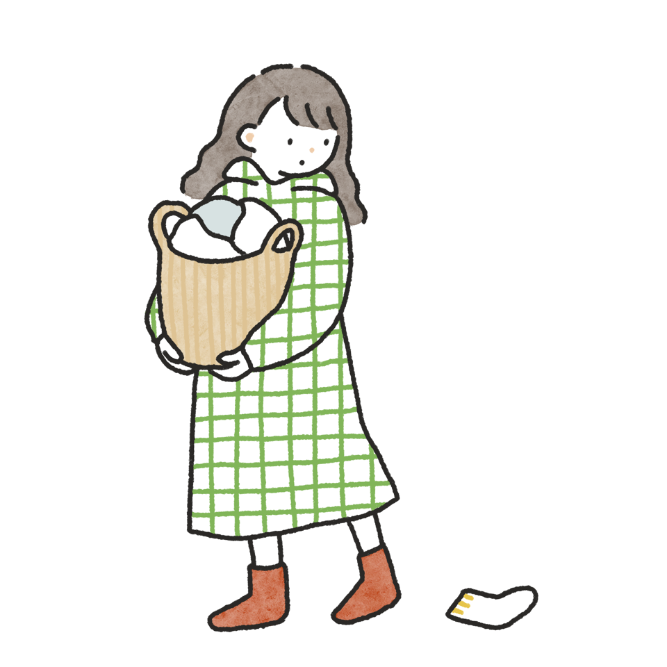 洗濯かごに洗濯物を入れて両手で運びながら靴下を1足落としてしまった女性の手描きタッチフリーイラスト素材